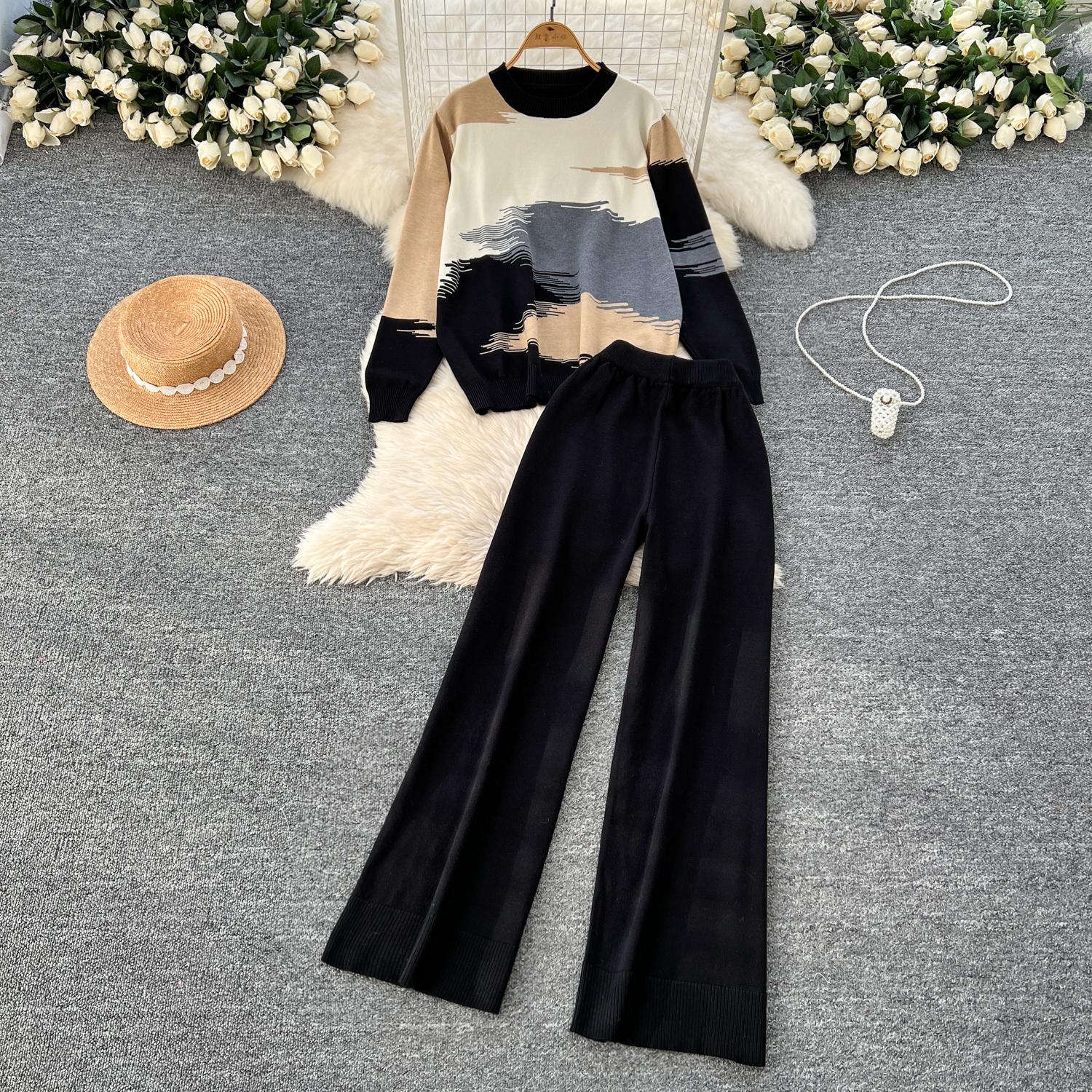 

Весна Осень Картина маслом Принт Вязаный свитер Брюки Комплект из двух предметов Женский свитер Топы и широкие брюки Спортивный костюм One Size