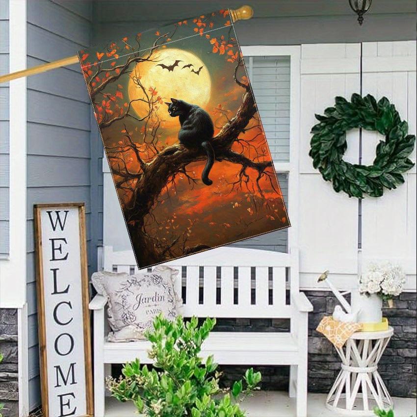 Spooky Halloween Black Cat & Full Moon Double-Sided Garden Flag - Durable Polyester, Perfect for Outdoor Yard Decor