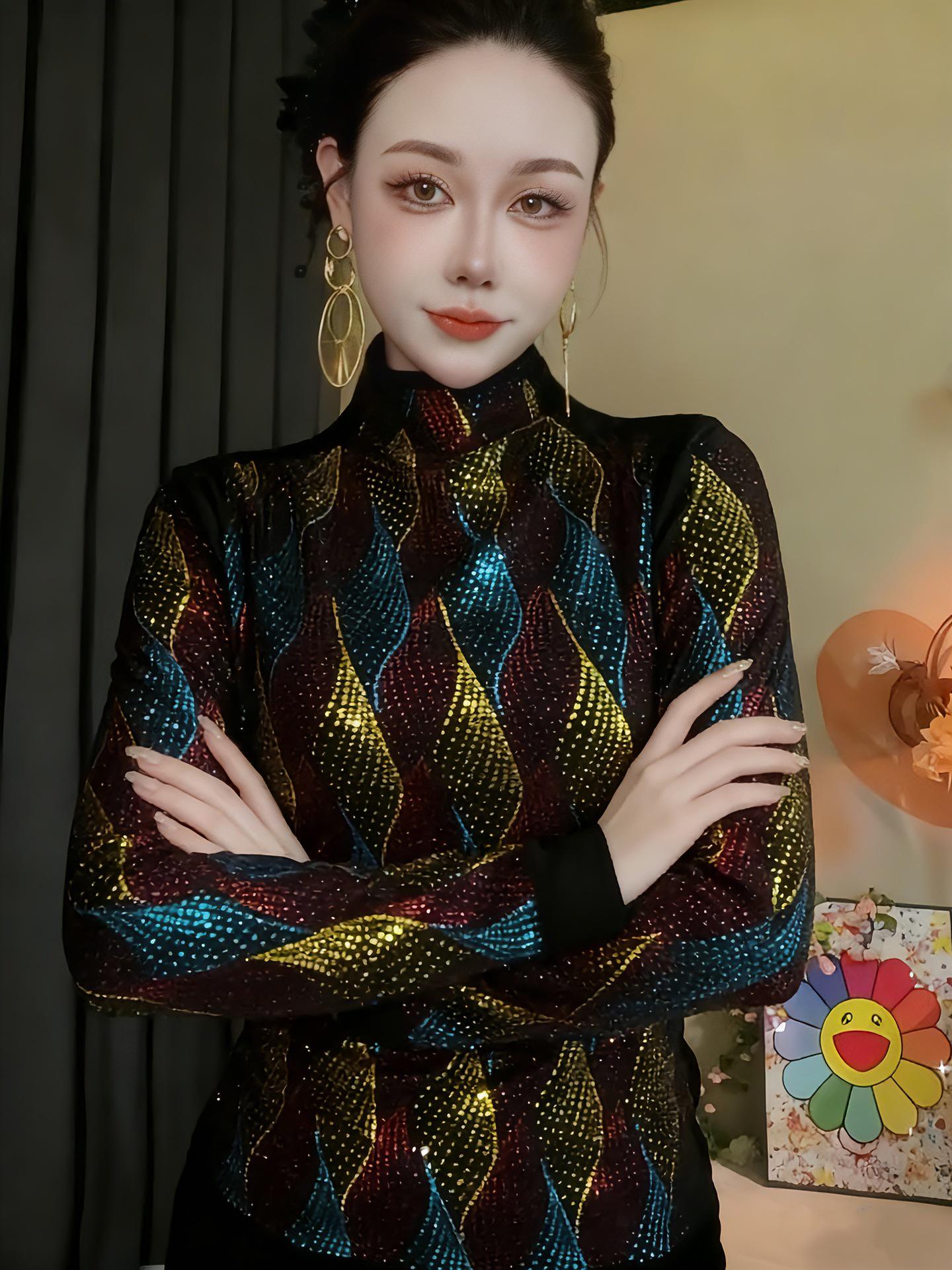 De Rong Women s Rhinestone Long-Sleeve T-Shirt – Elegant Half-High Collar Base Layer for Autumn/Winter XL