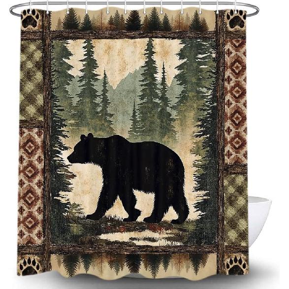 Cabin Bear Shower Curtain, Rustic Deer Hunting Decor Bath Curtains, Farmhouse Country Wooden Camping Forest Waterproof Fabric Bathroom Accessories