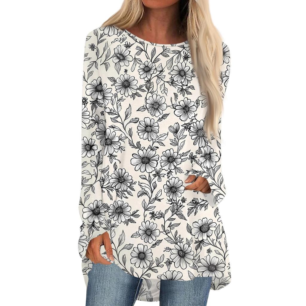 Women's Fashion Casual Long Sleeve Print Round Neck Pullover Top Blouse