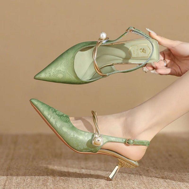 New Chinese-style National Shoes 2025 Summer New Single Shoes Lady Retro Mint Green High-heeled Sandals Temperament with Cheongsam