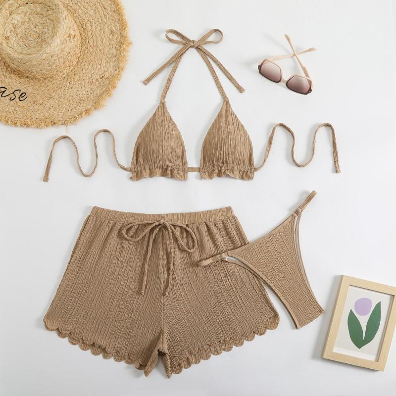 Sexy Bikini Three-piece Fabric Swimsuit Women's Solid Color Beachwear Vacation