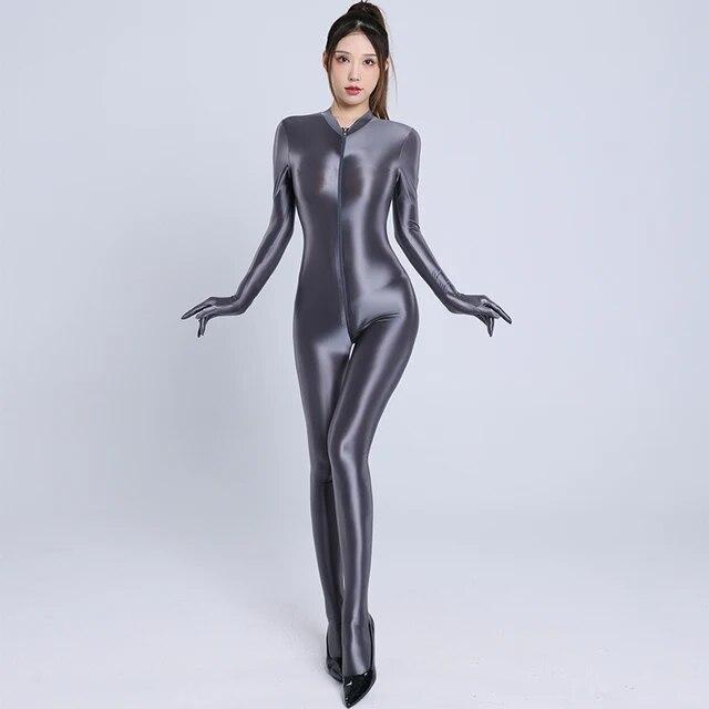 Erotic Jumpsuits Zipper Open Crotch Full Body Satin Oil Glossy Rompers Gloves Tights Shiny Sexy Bodysuit Women Club Party