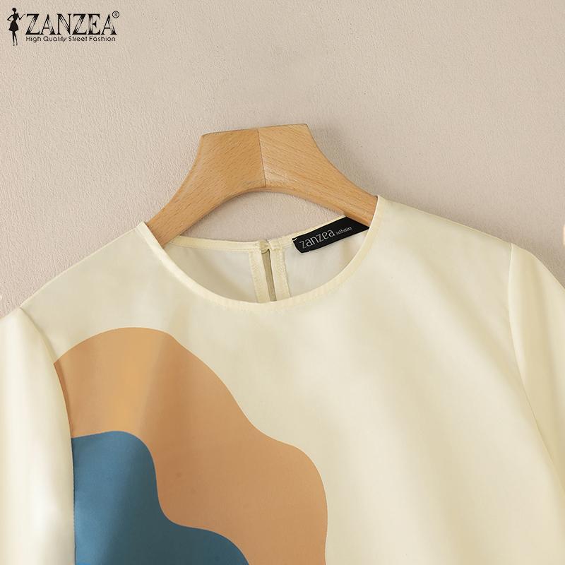 ZANZEA Women Summer Round Neck Short Sleeve Colorblock Blouses