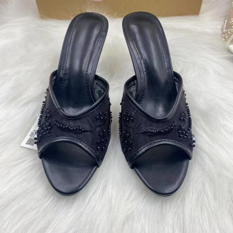 

Women Heeled Mules Pearl Embroidered / Elegant Evening Pumps / Mesh Slip On Sandals / High Heel Dress Shoes / Gala Party Wear 42 чорний