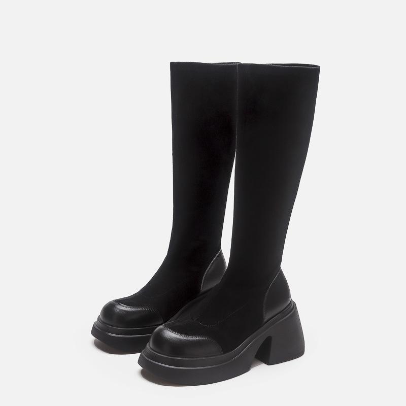 

Зимние ботинки на толстой подошве с увеличением высоты, женские ботинки до колена на толстой подошве, эластичные ботинки средней длины, замшевые тонкие ботинки 40 чёрный