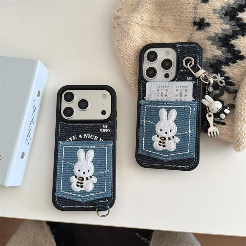 Denim Pocket Card Holder Case With Embroidered Rabbit IPhone 14 Pro Max 15 16 Soft TPU Shockproof Cover