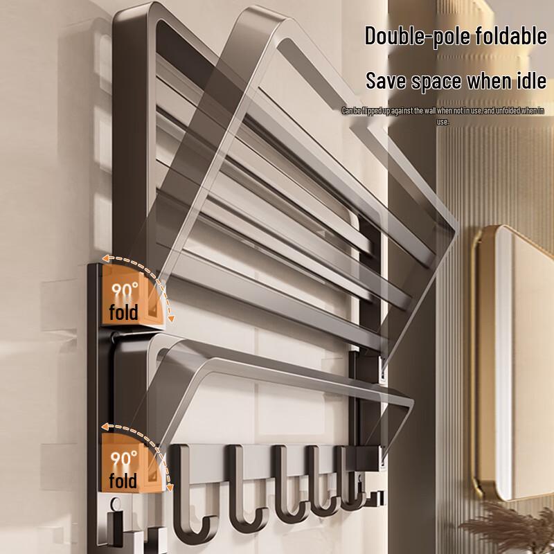 No-Drill Foldable Bathroom Towel Rack with Hooks and Storage Shelf