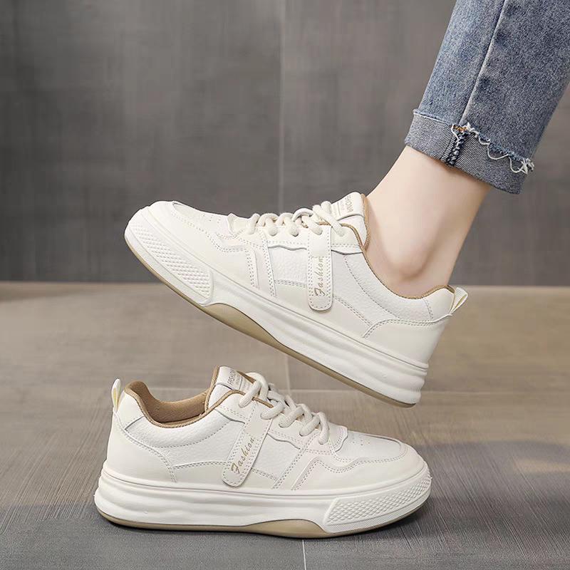 

2025 Summer Women s Versatile White Canvas & Leather Mesh Sports Shoes - Lightweight, Breathable, Casual Thick Sole 37