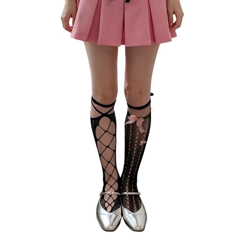 Openwork Lace Fishnet Knee Length Socks for Women with Bows Tie Detail, Slouch Fashion Legwear for Party Outfits and Daily Looks