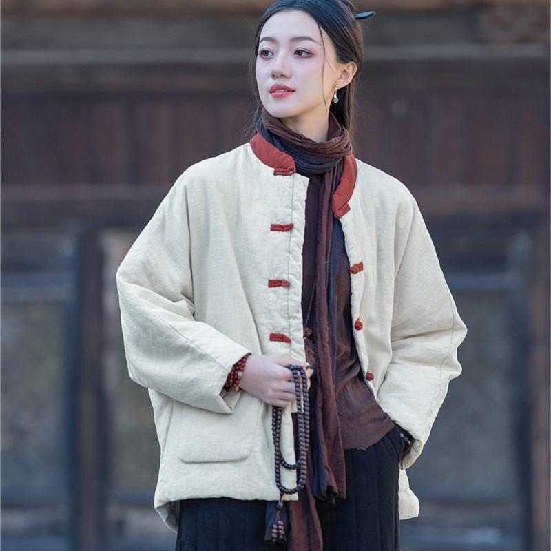 Johnature Chiński Styl Patchwork Kolor Zima dla Kobiet Stójka Guzik Ciepłe Płaszcze Kieszenie Płaszcze