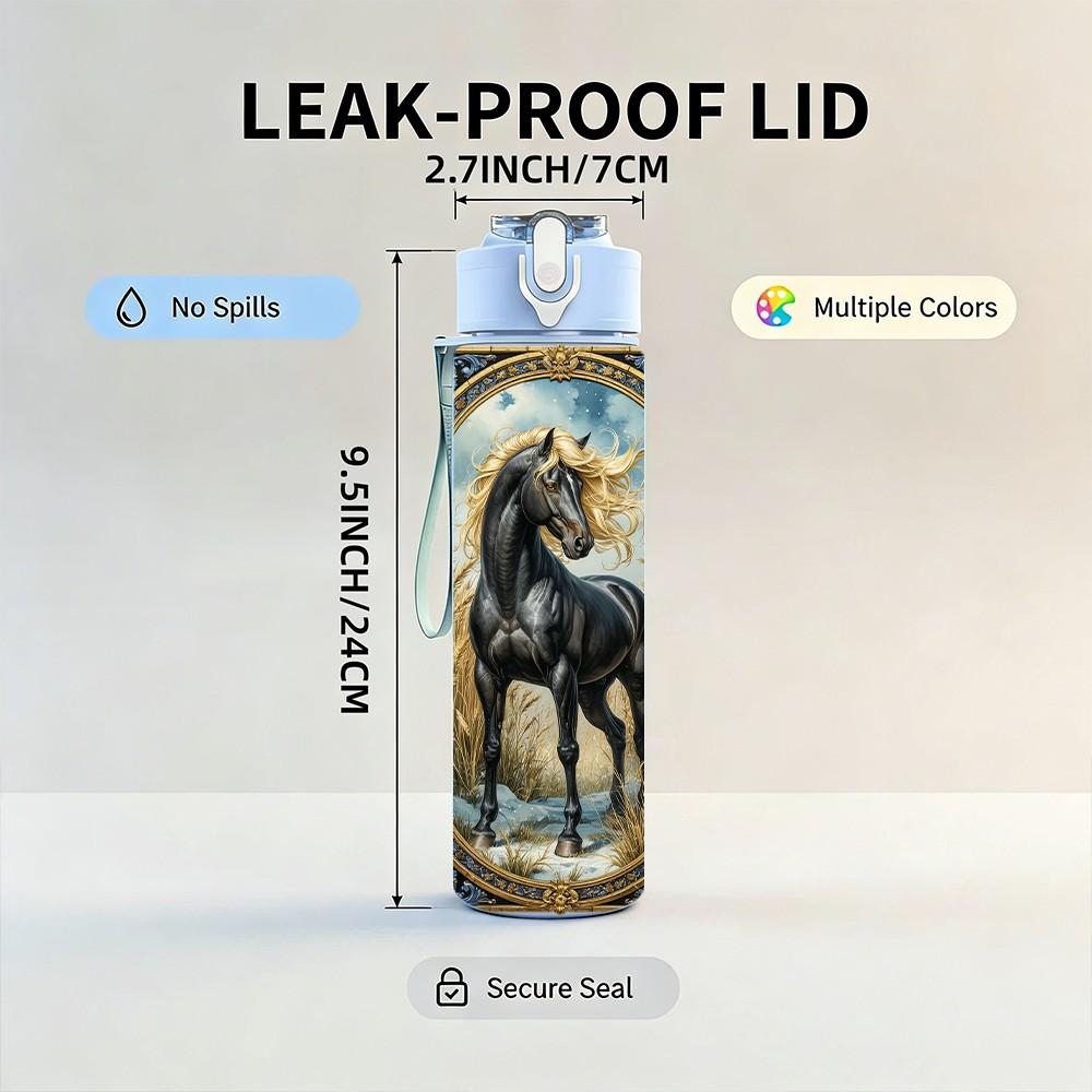 1PC Vintage Horse Antique Oil Painting Style 750ml Color Plastic Sports Water Bottle Leakproof Flip Straw Lid Suitable for Sports Office Home Use