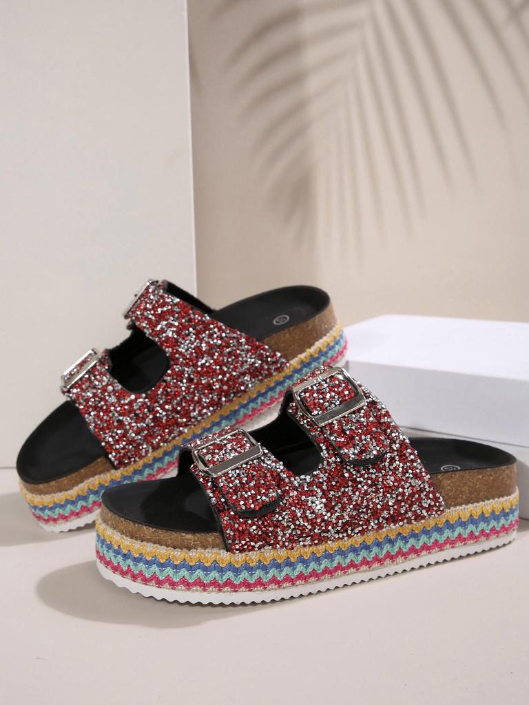 Plus Size Sequin Buckle Cork Slides - Outdoor Double Buckle Sandals