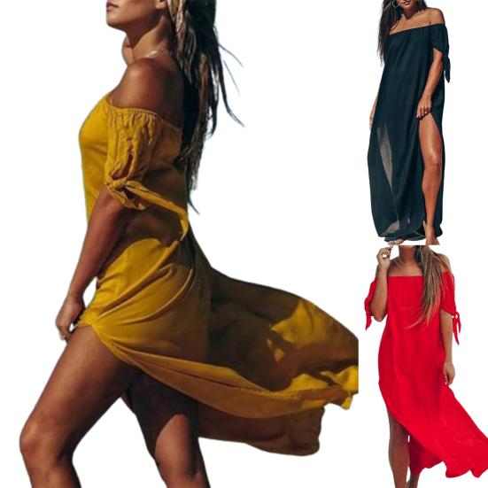 Irregular Cover-Up Dress Boat Neck Side Split Mid-calf Length Swimwear Dress for Beach