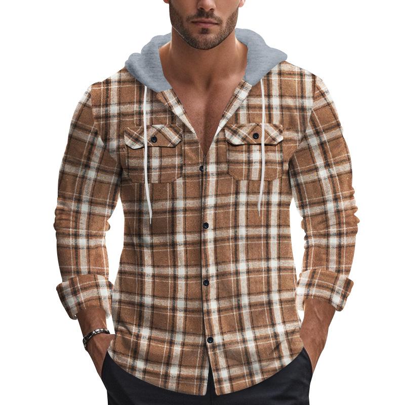 Spring new popular loose casual flannel jacquard long-sleeved hooded plaid shirt