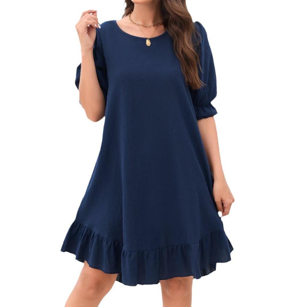 Women's Retro Cotton Linen Mid-Sleeve Round Neck Ruffle Dress