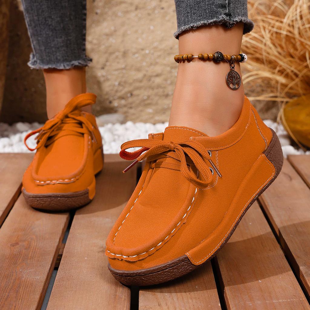 2025 Autumn Velvet Lace-up Casual Shoes Leather Round Head Rockers Women's Shoes Muffin Thick-soled Wedge Heel Mother Shoes