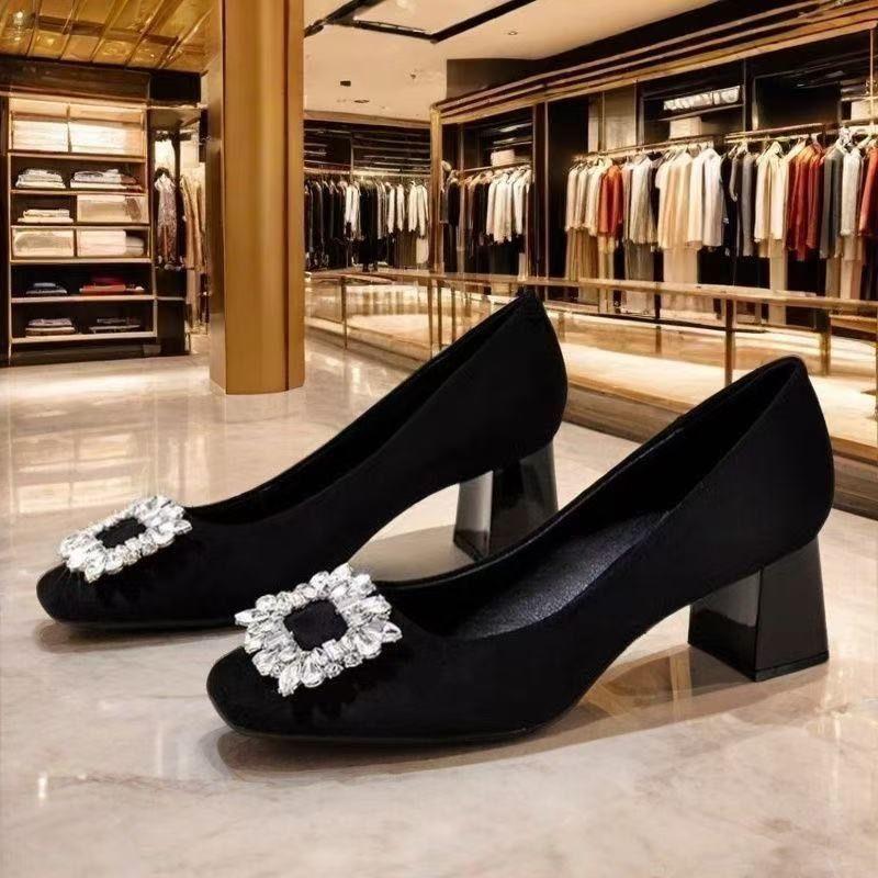 Silberne High-End-Flachboden-Einzelschuhe mit quadratischer Spitze und Strass für Damen, schwarze Pendler-Beanie-Schuhe für Herbst und Sommer