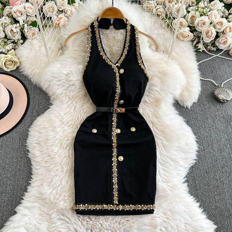French Style Classic Style Fancy Beaded Sequins V-neck Halter Sleeveless Waist-Tight Sheath Strap Showing Chest Pad Dress