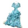 French gentle wind V-neck floral dress women's summer irregular short sleeves waist thin A-shaped long dress vacation style