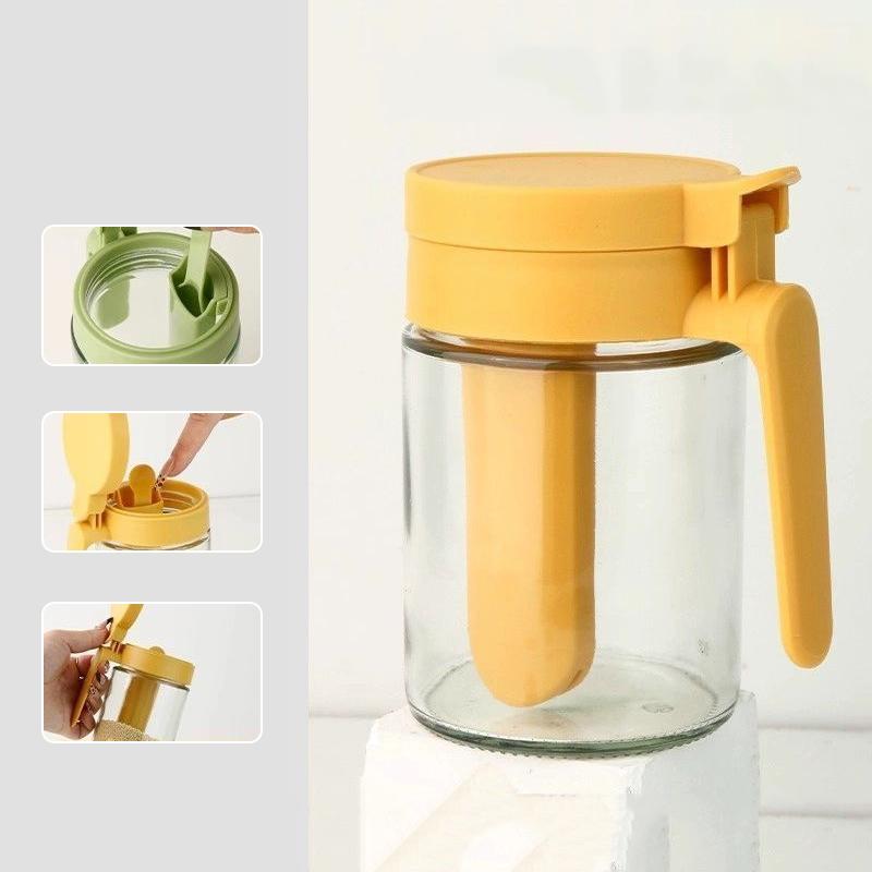 Haushaltsküche Feuchtigkeitsgeschütztes Gewürzglas Salzbehälter 2 in 1 Glas Gewürzflasche Löffel Trennung Glas Gewürzdose