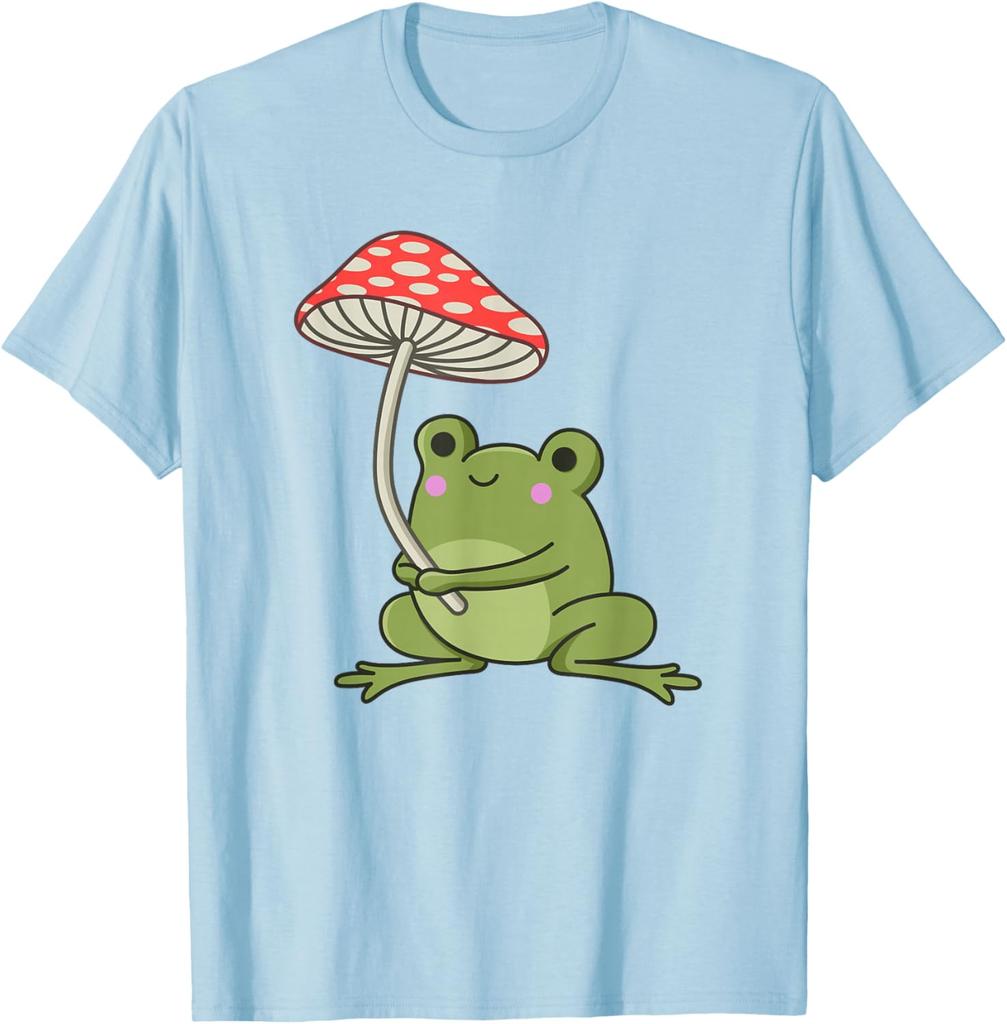 Frog Holding Mushroom Aesthetic Cottagecore Mycology Lover Graphic Tee Casual Trip T-Shirt