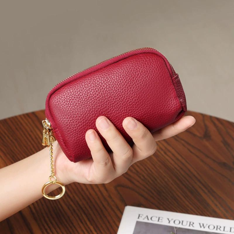 Women Leather Zipper Pouch Wallet with Keychain – Compact Coin Purse, Card Holder, Double Zipper, Everyday Carry Organizer