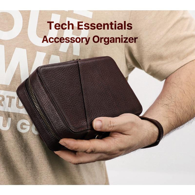 Genuine Leather Phone Cable Storage Bag Zipper Portable