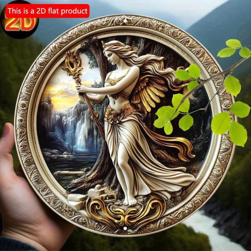 2D flach 20*20cm Göttin Hera Kreisförmige Retro Holz Wandkunst, Elegante Heim- & Bürodekoration mit Ideal für Neujahr