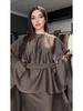 2024 Spring Drapey Satin Round Neck Dress with Batwing Sleeves and Tie Waist