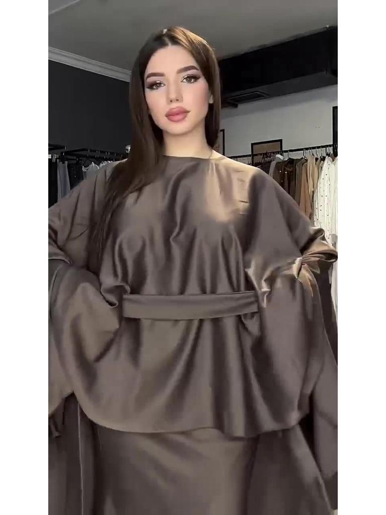 2024 Spring Drapey Satin Round Neck Dress with Batwing Sleeves and Tie Waist