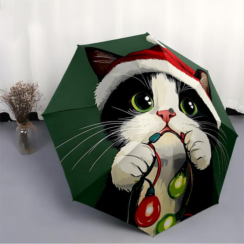 1pc Christmas Cat Automatic Open/Close Umbrella - Compact Travel Umbrella, 8-Rib Heavy-Duty Construction, Ideal Gift, Outdoor Accessory, Sty