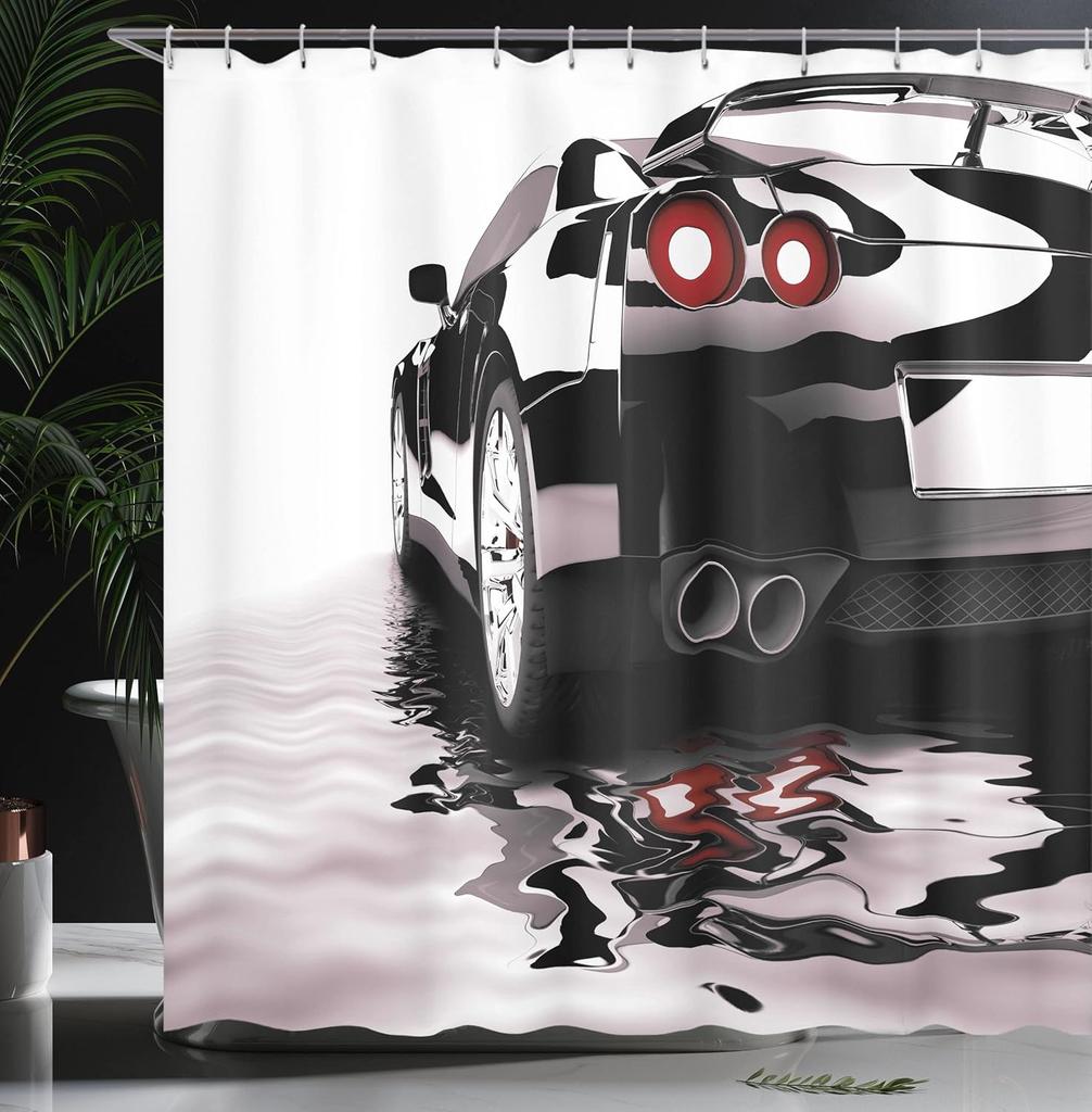 Cars Shower Curtain, Modern Dark Car Water Reflection Prestige Fast Engine Performance Lifestyle, Cloth Fabric Bathroo