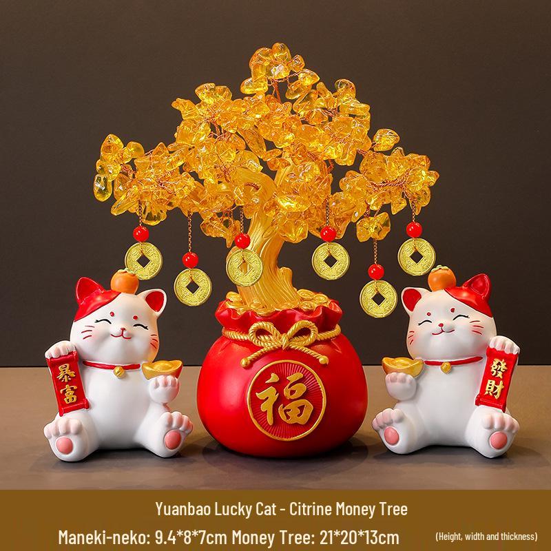 Lucky Cat Crystal Wealth Tree Ornament - High-End Housewarming Gift for New Home Entrance.