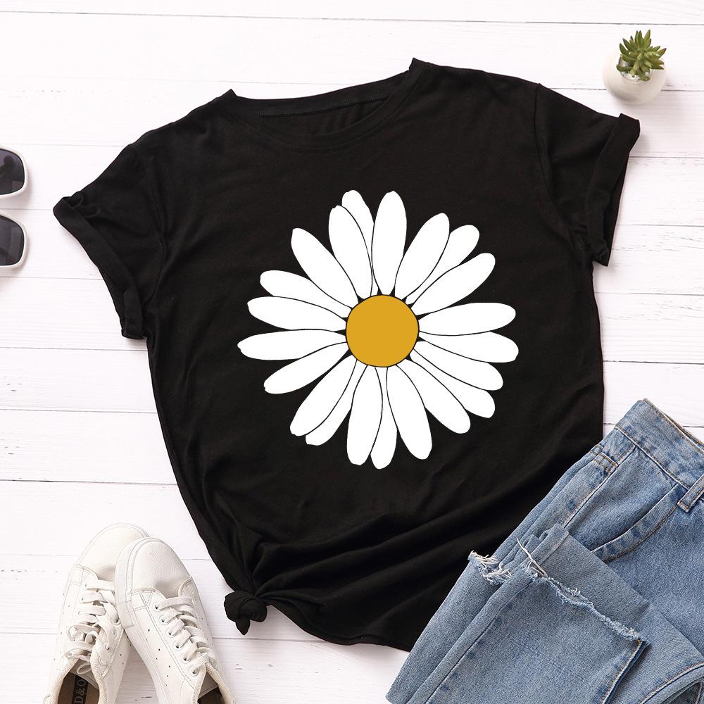 Big Sun Flower Cotton T-Shirt Short Sleeve Round Neck Women 2d Print Tops