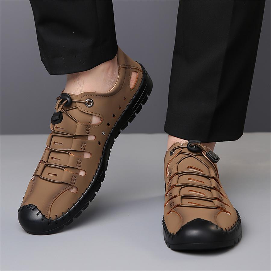 Sandaler herr sommar nya herrars avslappnade ihåliga läderskor halkfria körhålsskor mjukbottnade lädersandaler herr