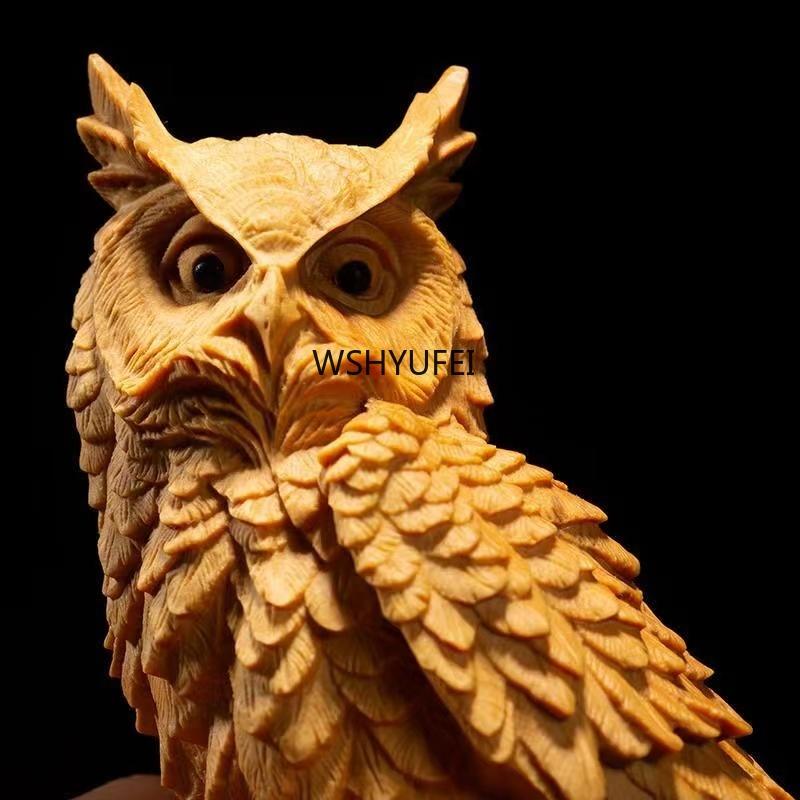 4.32 Inches Natural Cypress Tree Animal Owl Statue Solid Wood Carving Living Room Office Car Decoration Ornament