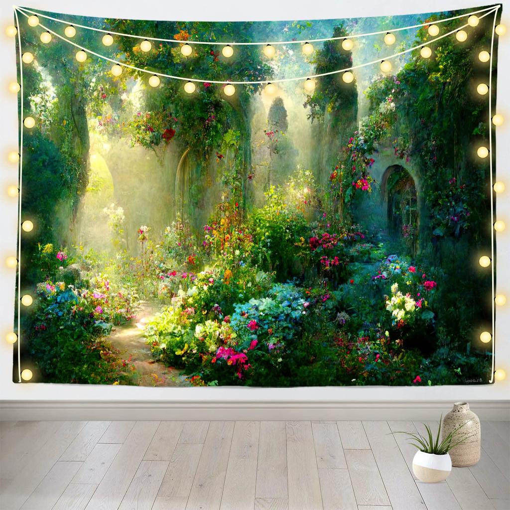 Fairy Tale Garden Tapestry - Enchanted Flower Arche, Colorful Greenery Wonderland Wall Hanging for Girl Princess Magic World