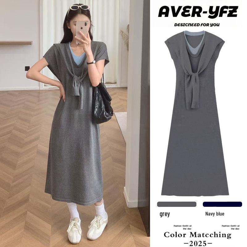 2026 Summer V-Neck Maternity T-Shirt Dress with Shawl - Loose, Casual Long Style L