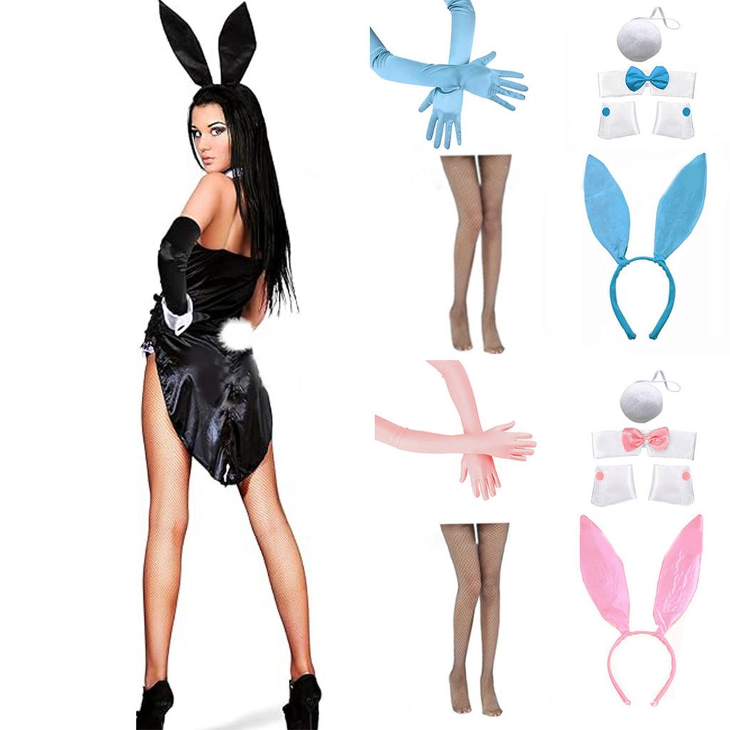 Adult Rabbit Ear Headband+Wrist Cuffs with Long Glove&Fish Net Stocking Set Easter Necktie for Woman Festival Gift