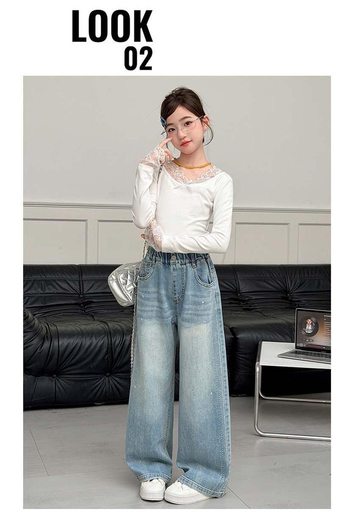 Girls' Autumn 2026 Wide Leg Rhinestone Jeans - Children's Straight Leg Trousers for Middle and Older Girls.