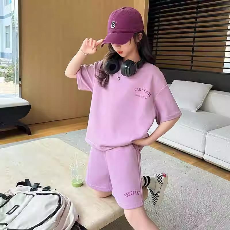 Girls' Summer Children's Clothes Girls' Casual Sportswear Medium and Large Children's Short-Sleeved Shorts Two-Piece Set