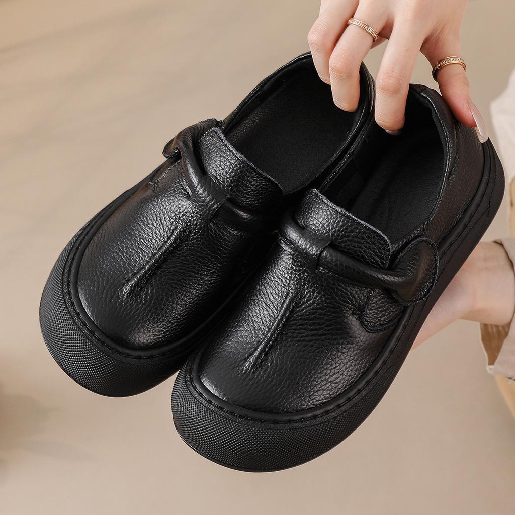 Original Natural Leather Shoes for Women Vintage Comfort Round Toe Mom Flats Woman Slip On Orthopedic Loafers Ladies Moccasins