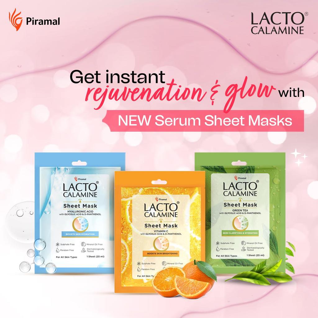 Lacto Calamine Face Sheet Mask Combo Pack of 6 | Vitamin C, Hyaluronic Acid & Green Tea | Brightening Hydrating Clarifying 25mx6