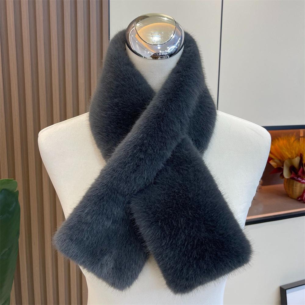 Women Winter Warm Thicken Cross Collar Scarf Solid Color Faux Rabbit Fur Cold Proof Scarves Fashion Soft Furry Neck Warmer