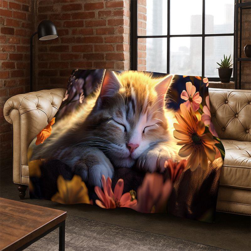 Cute Cat Kitten Cartoon Flannel Blanket Soft Warm Blanket Throw Blanket for Bedroom Living Room Bed Travel Camping Picnic Gift