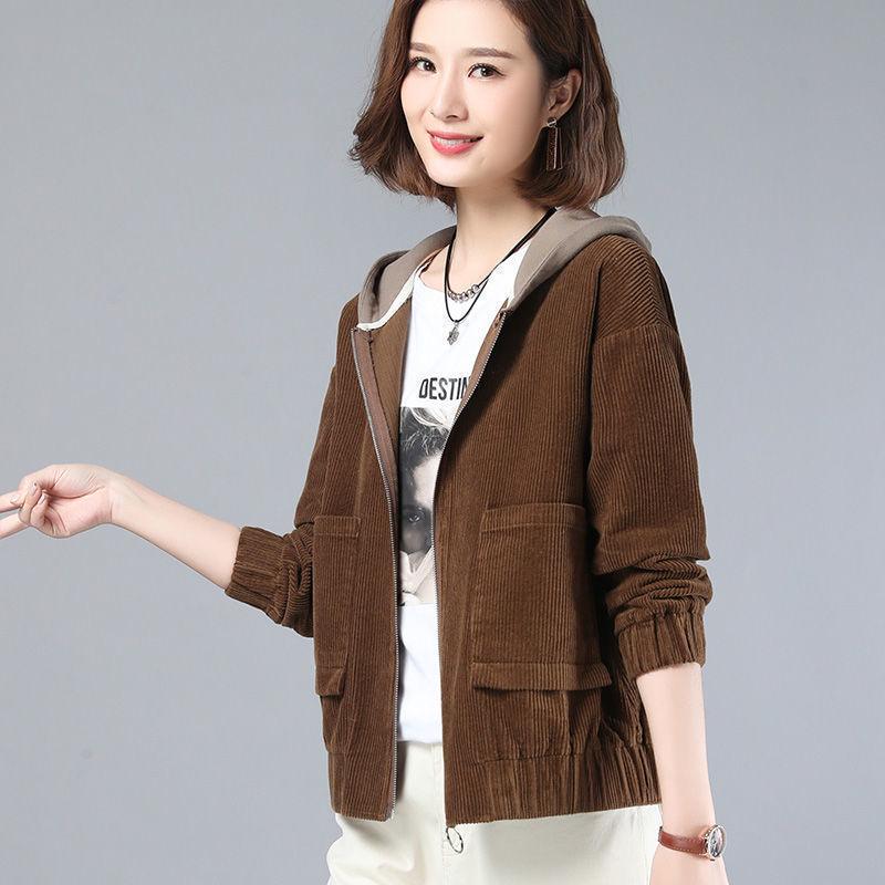 2024 Autumn Women's Plus Size Hooded Corduroy Jacket - Korean Style