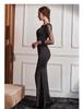 Elegant European Mesh Beaded Long Sleeve Hepburn Style Evening Party Gown