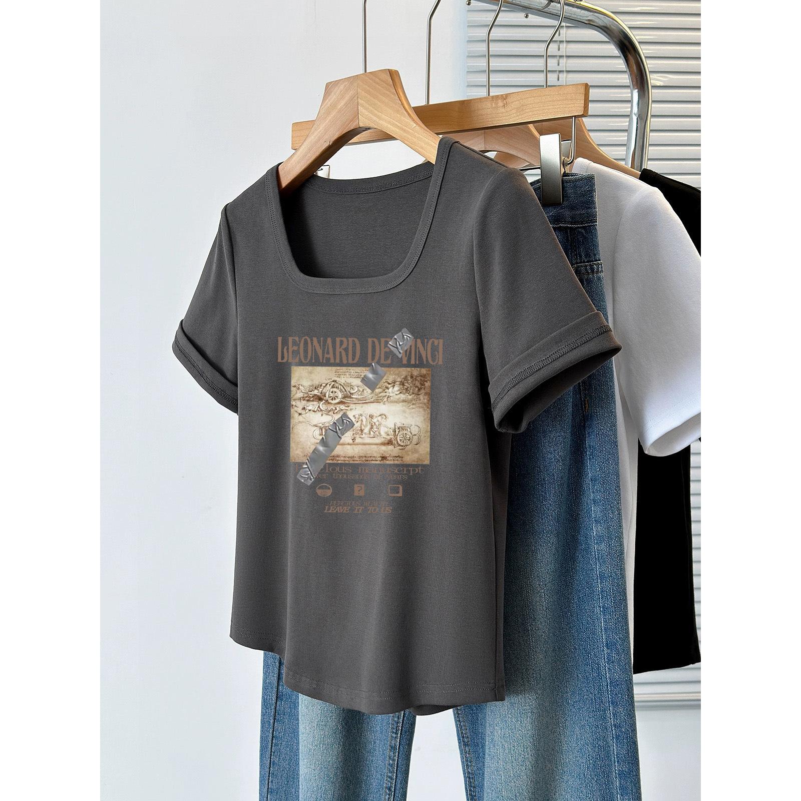 

Versatile student foreign style age-reducing short-sleeved T-shirt women s square collar loose and thin top European large version U-neck bottoming XL [160-100kg]